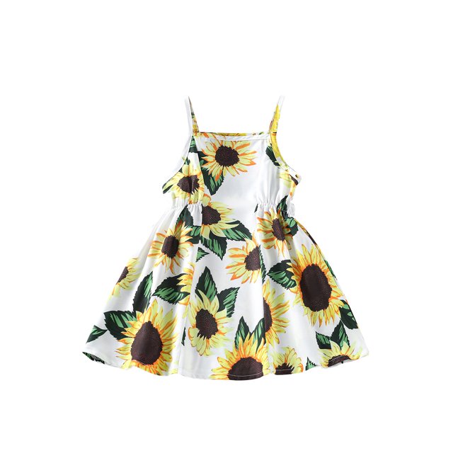 Kmbangi Robe d'Été à Bretelles pour Fillette, Mignonne, Sans Manches, à Encolure Carrée, Imprimé Tournesol, Robe de Princesse
