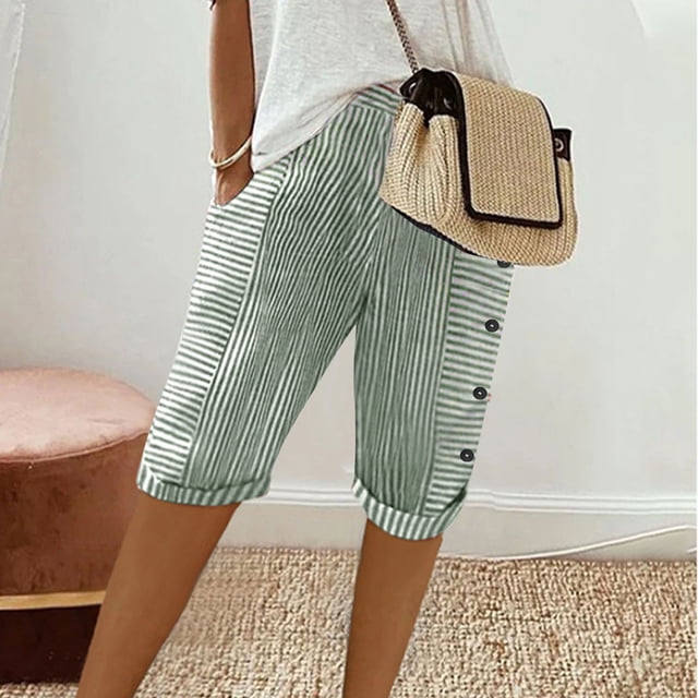 Womens Summer Woven Striped Patchwork Button Loose Cotton Linen Casual Capris