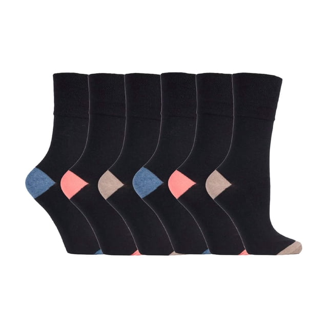 Gentle Grip - 6 Pairs Ladies Gentle Grip Non Elastic Crew Socks arranged in a row, showcasing black cotton-rich fabric with contrasting heel accents in blue, pink, and beige. Women's dress socks with a HoneyComb Top for circulation support, ideal for swollen legs or diabetics.