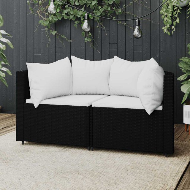 vidaXL Garden Corner Sofas with Cushions 2 pcs Black Poly Rattan