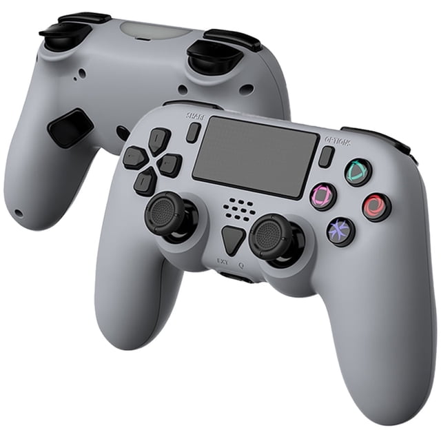 VILCORN P5 Customizable Buttons Wireless Controller for P5 & P5 Slim & P5 Pro & PC, Gray. A dual-platform gaming controller compatible with PS5 and PC, featuring a sleek gray design. Includes a touchpad, customizable back buttons (M1/M2), dual-motor vibration, six-axis motion sensing, and TURBO functionality. Built-in speaker and 3.5mm headphone jack for immersive audio in wired mode. Ideal for precision gaming and versatile gameplay.