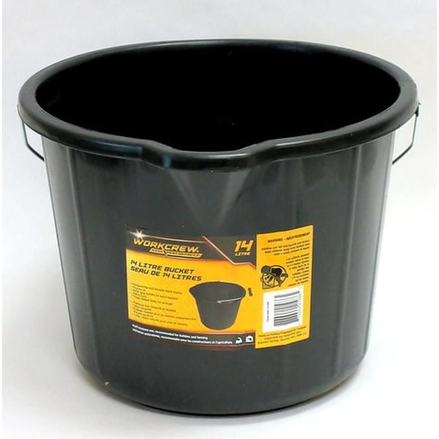 14L Black Bucket with rigid plastic construction and metal handle, shown front-facing with a yellow WorkCrew label indicating 14-litre capacity and safety information, ideal for household cleaning, mopping, and various cleaning projects.