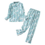 GDREDA Birthday Pajamas Women's Women Pajamas Set Long Sleeve Shirt Pants Sleepwear Button Down Cute Pattern Women Pajama Sets pyjamas Blue,M