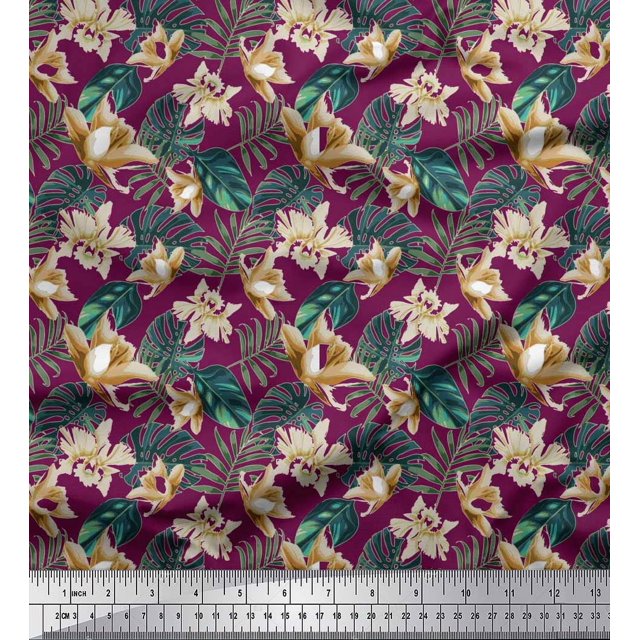 Soimoi Georgette Viscose Fabric Monstera Leaf & Floral Decor Fabric Printed Yard 42 Inch Wide