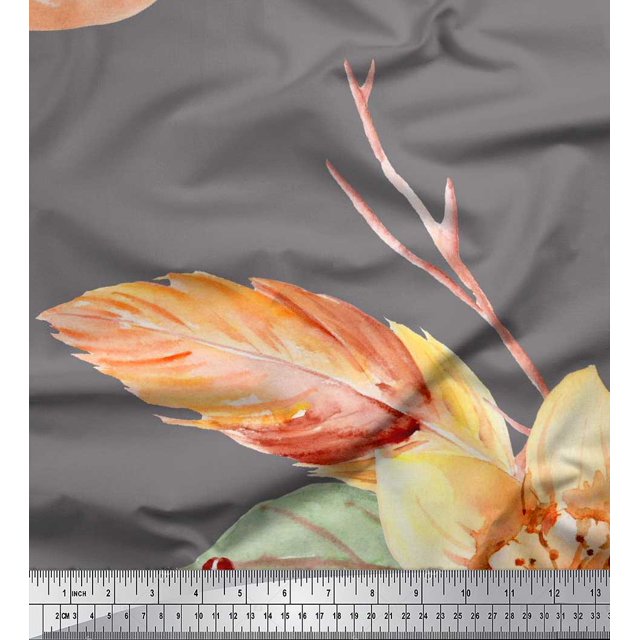 Soimoi Gray Poly Georgette Fabric Leaves & Peach Floral Print Sewing Fabric BTY 42 Inch Wide