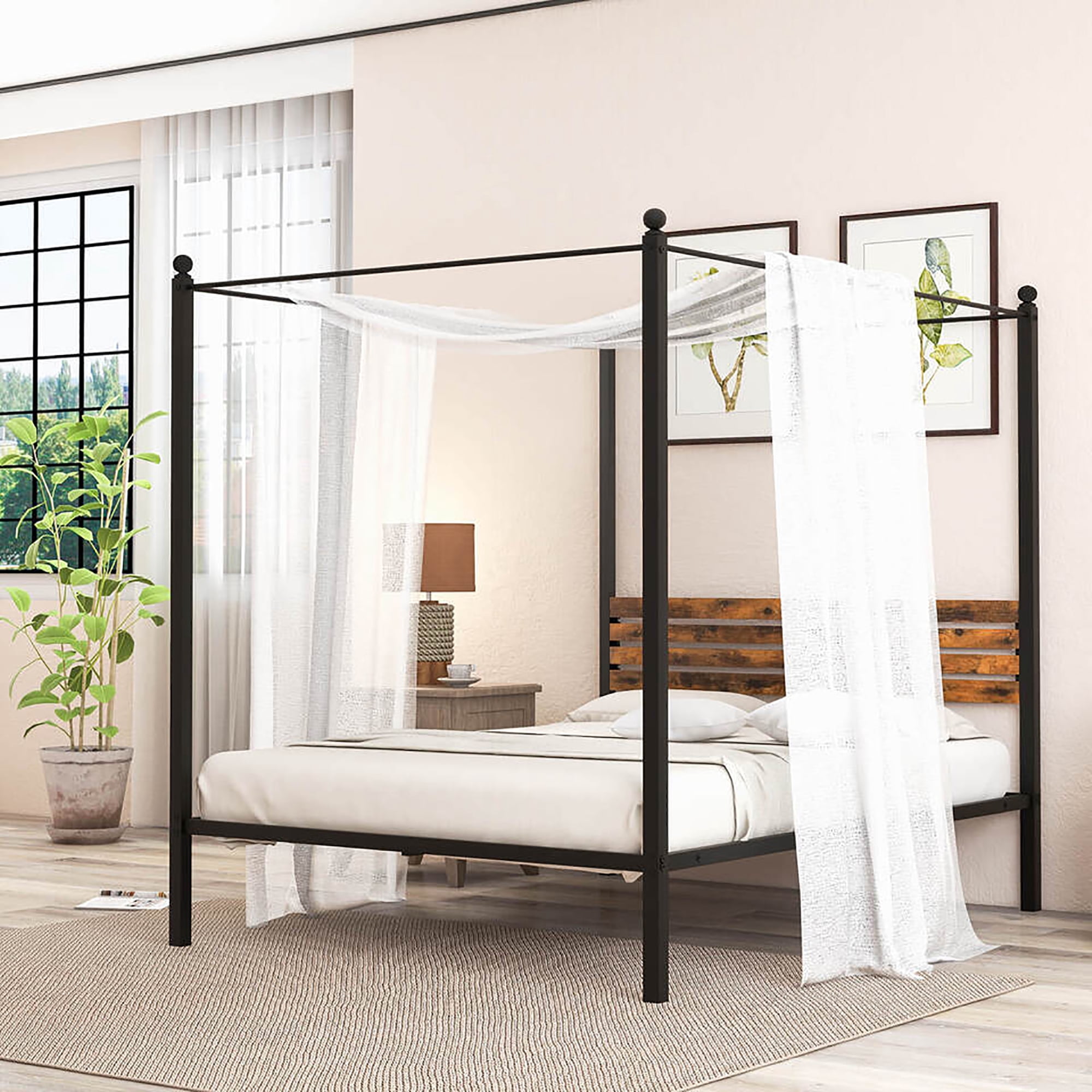 Gymax Queen Size 4-Post Canopy Bed Frame Rustproof Metal Noise-free with Foot Pads