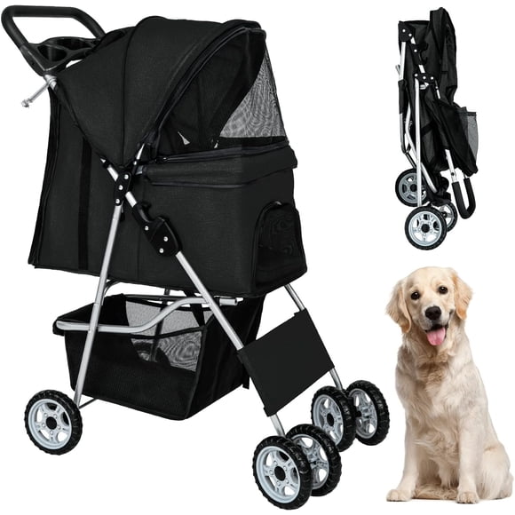 BestPet Poussette Pliante pour Animaux de Compagnie pour Petits et Moyens Chiens et Chats, Poussette pour Chien Portable à 4 Roues, Porte-Gobelet, Lin Noir, Capacité de 44 Lb