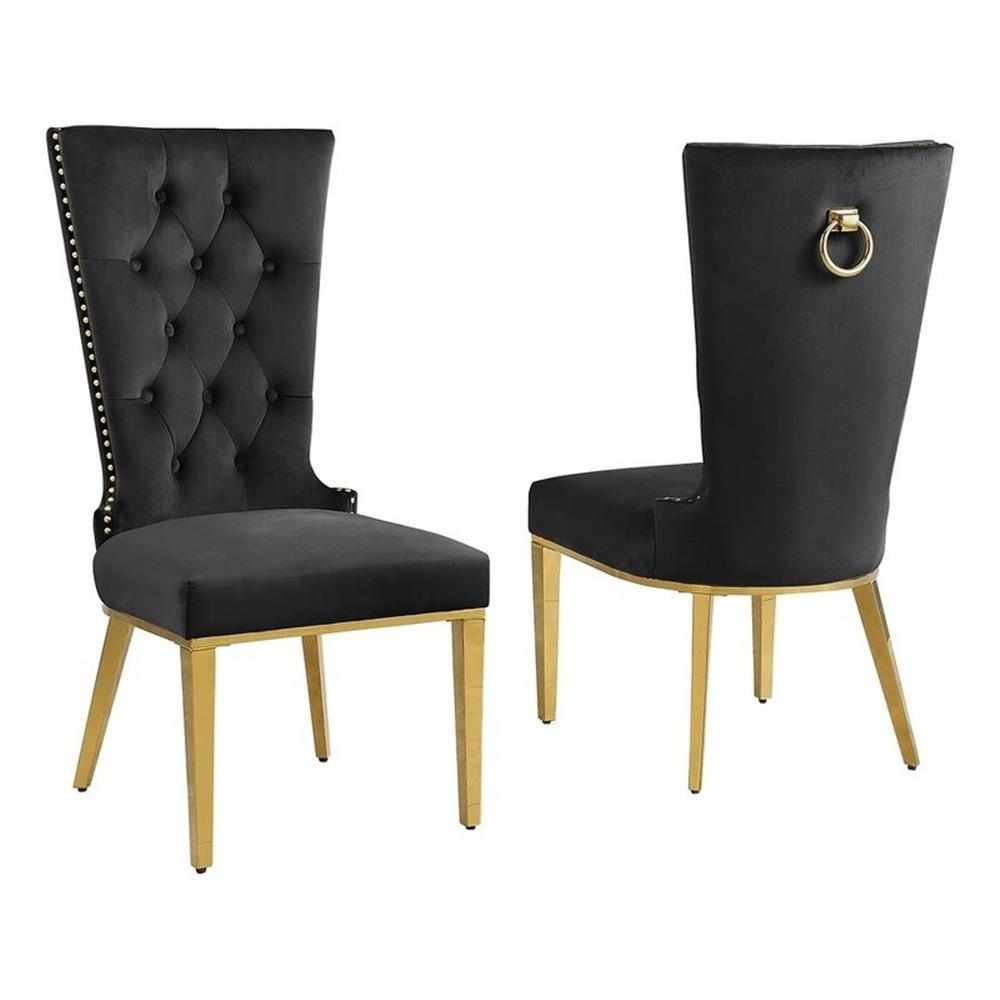 Chaises Latérales Rembourrées en Velours Noir avec Acier Inoxydable Doré, Ensemble de 2