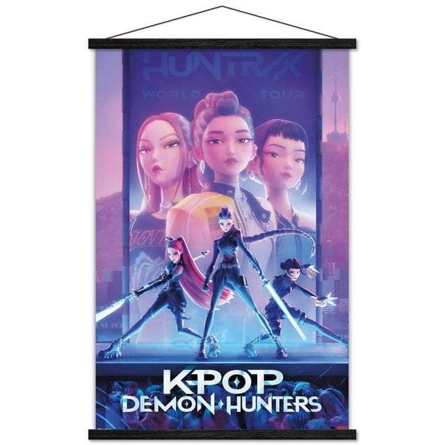 Netflix KPop Demon Hunters (2025) - Affiche Murale d'Une Feuille avec Cadre Magnétique Représentant Trois Chasseuses Futuristes de Démons en poses Dynamiques Tenant des Épées Lumineuses et des Armes devant un Grand Panneau d'Affichage Numérique avec Texte « Huntrax WORLD TOUR » et un Paysage Urbain Violet au Crépuscule, Imprimée sur Papier d'Art photo Brillant avec un Cadre Magnétique en Bois Noir, Mesurant 22,375 par 34 Pouces, Idéale pour la Déco Murale Moderne.