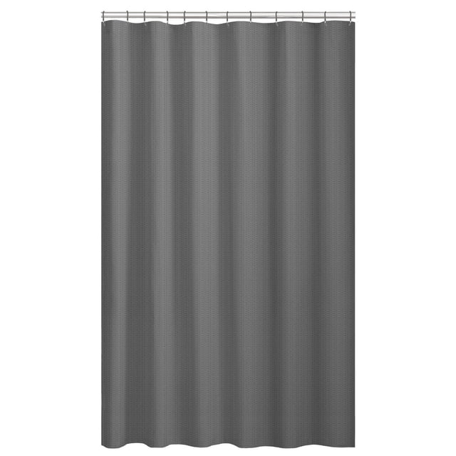 Hometrends Textured Microfiber Fabric Shower Curtain Liner in grey, embossed microfiber fabric with water repellent finish, weighted hem to keep it close to the tub, and buttonhole top for easy hanging with shower hooks, measuring 70 by 72 inches for standard tubs and showers.