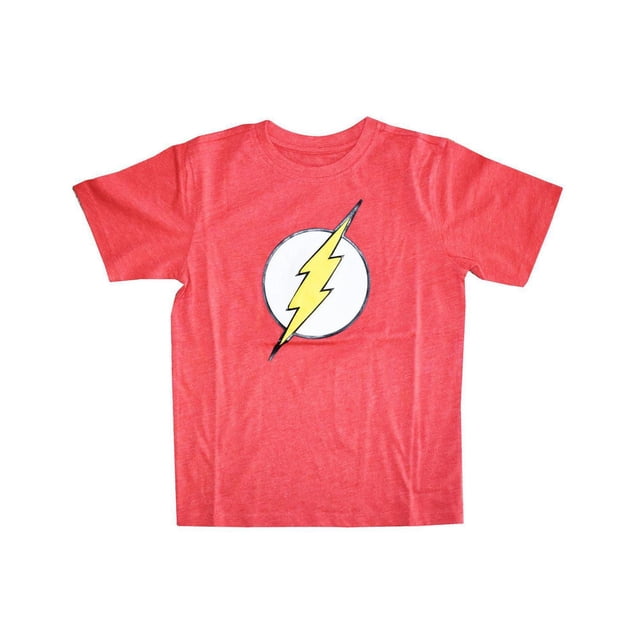 Boys Flash I Am Flash T-Shirt in red with short sleeves, featuring a gel and puff finish Flash logo with a yellow lightning bolt inside a white circle on the front, made for comfortable casual wear.