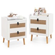 Costway 2 PCS Modern Nightstand End Bedside Table with 2 Rattan Drawers & Solid Wood Legs