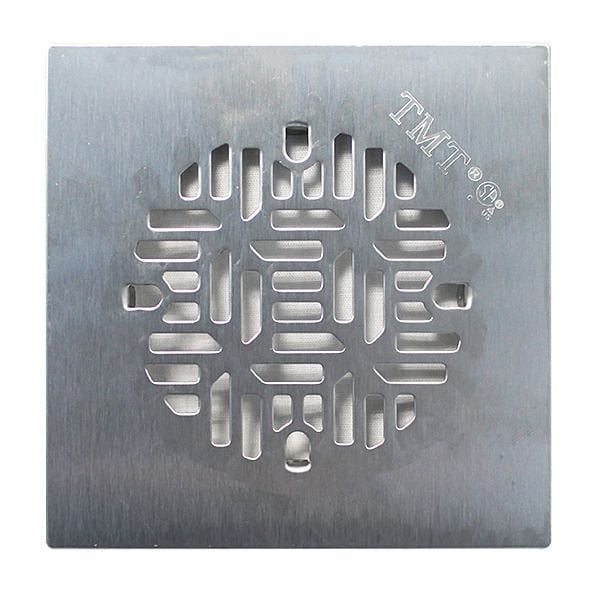 Floor Choice 4.25" Bamboo Square Shower Drain made of rustproof stainless steel with a geometric pattern that collects hair while allowing water drainage, designed to fit standard shower drains as a seamless replacement and suitable for use as a sink strainer in kitchenware.