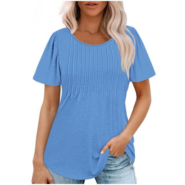 AherBiu Tuniques pour Femmes Amples Décontractées à Manches Courtes Couleur Unie Confortables d'Été à Col Rond Blouse T-Shirts
