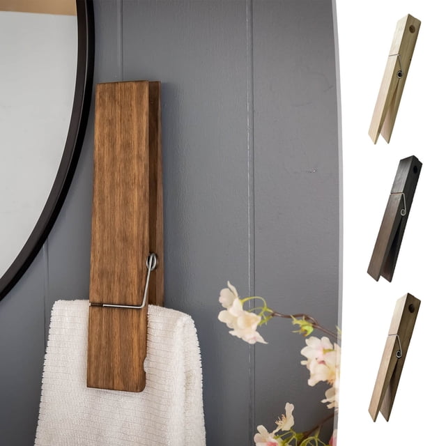 Birdeem Extra Large Wooden Bathroom Towel Clip, Wall Mounted with Extra Grip Strength, Handmade Rustic Decor Accessory for Towels and Small Laundry, Perfect for Boho or Farmhouse Style,5.91 In Tall
