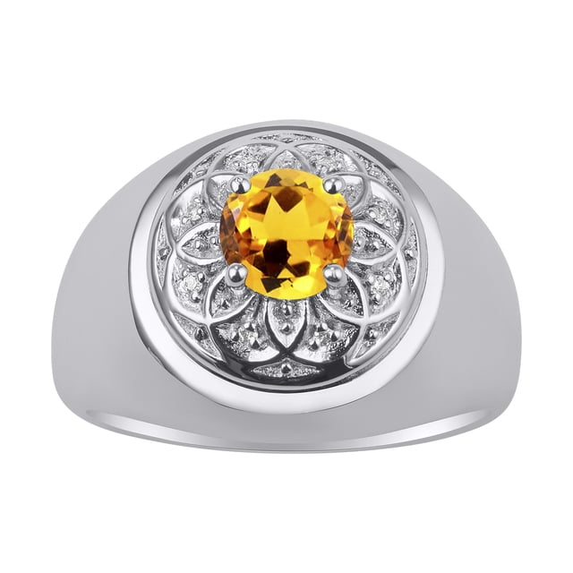 RYLOS Men's Rings Sterling Silver Designer Gypsy 7MM Round Gemstone & Diamond Ring Citrine November Birthstone Size 10