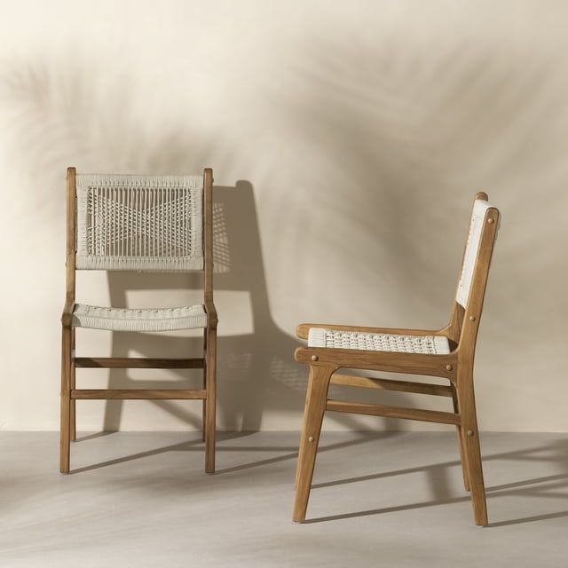 South Shore Agave Woven Rope and Teak Dining Chair, Set of 2, in cream and natural, showing one chair front-facing and one side profile. The chairs feature a natural teak wood frame with cream olefin rope woven seat and backrest, designed for outdoor dining with weather-resistant materials. The neutral beige background highlights the woven texture and wood grain. These chairs are also suitable for casual indoor seating or sunroom use.
