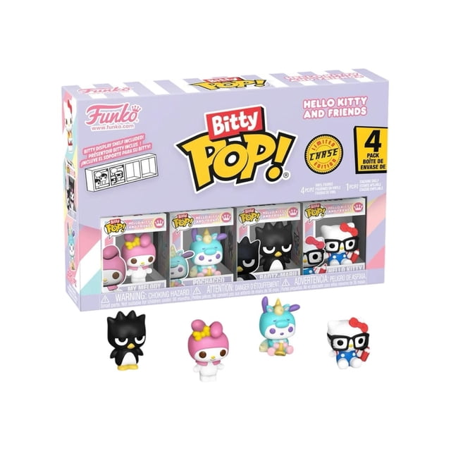 Bitty POP: Sanrio- My Melody 4pk includes four multicolour vinyl collectible figures from Hello Kitty and Friends—My Melody, Pochacco, Badtz-Maru, and Hello Kitty wearing glasses—shown with their branded display box, suitable for collectors of bobble heads and vinyl figures.