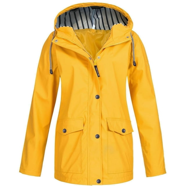 HTNBO Hooded Solid Color Rain Coats for Women Outdoor Windproof Plus Size Rain Jackets