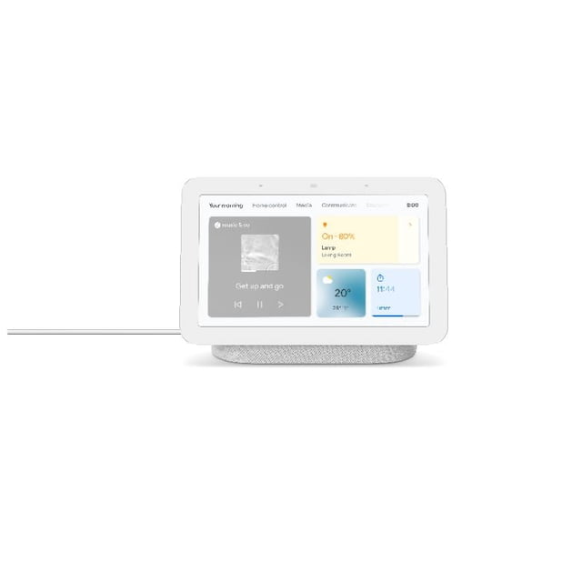 Google Nest Smart Hub, Deuxième Génération, avec un Écran Tactile de 7 Pouces avec une Lunette Blanche et une base Recouverte de Tissu. l'Écran Affiche un Tableau de Bord Personnalisable avec des Commandes pour Appareils Domestiques Intelligents, des Mises à Jour Météo et la Lecture Multimédia. Conçu pour une assistance Mains Libres, s'Intègre à l'Assistant Google pour des Commandes Vocales, des services de Diffusion comme Netflix et Spotify, et la Gestion de la Maison Intelligente. Idéal pour une Utilisation dans les Cuisines, les Salons Ou les Chambres,