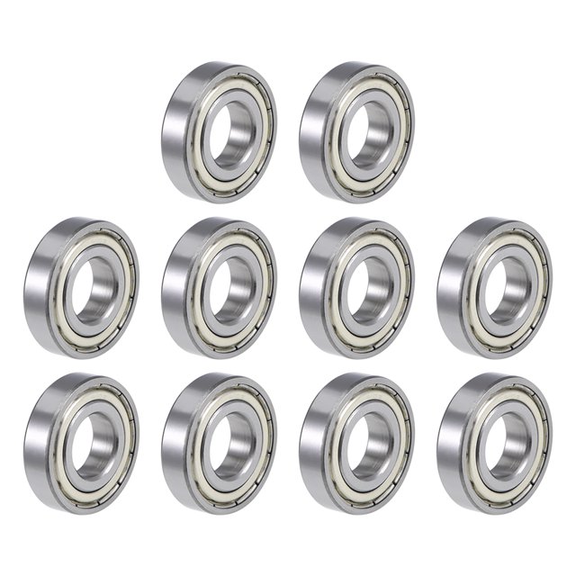 Uxcell Deep Groove Ball Bearings Inch Double Shielded Chrome Steel Roller Z2 P0 R10ZZ, a set of 10 double-shielded bearings made of durable chrome steel (GCr15). Each bearing measures 5/8 inch inner diameter, 1-3/8 inch outer diameter, and 11/32 inch width. Designed for high-speed applications, these pre-lubricated bearings offer low friction and require minimal maintenance. Ideal for industrial equipment, micro motors, office machinery, and wheel bearings in transmission systems.