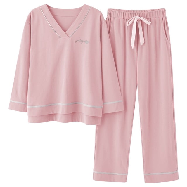 REDHOTYPE Nouveaux Pyjamas en Coton Doux pour Femmes 2 Pcs Grande Taille 3TG Simple Manches Longues Décontracté