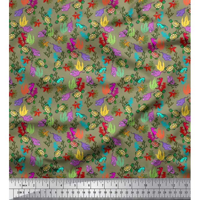 Soimoi Poly Georgette Fabric Coral,Starfish & Turtle Ocean Decor Fabric Printed Yard 52 Inch Wide