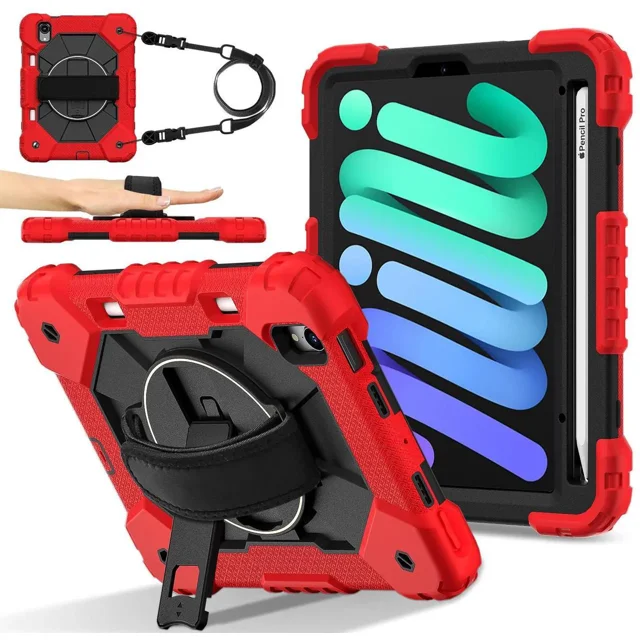 Case for iPad Mini 7 A17 Pro 2024 / iPad Mini 6 2021 8.3 Inch with Rotating Stand Pencil Holder Hand/Shoulder Strap, Heavy Duty Shockproof Protective Cover for iPad Mini 7th/6th Generation 8.3"