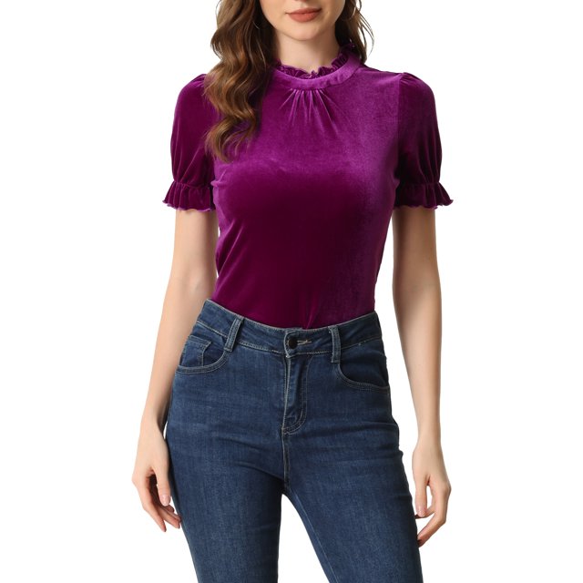 INSPIRE CHIC Chemise à Col à Volants pour Femmes, Manches Courtes, Hauts en Velours, Blouse TG, Violet