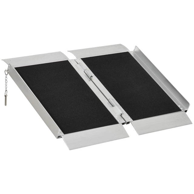 HOMCOM Rampe de Fauteuil Roulant Portable de 2 Pieds en Alliage d'Aluminium durable avec une surface en PVC Noire Antidérapante. Présente une surface Nervurée pour l'Adhérence, des Garde-Corps Latéraux Hauts pour la Sécurité, et un design Pliable avec une Poignée pour un transport Facile. Convient aux Fauteuils Roulants, Trottinettes, Vélos et Autres Aides à la Mobilité. Dimensions : 25,6 Pouces de long, 29,1 Pouces de Large et 2,2 Pouces de Haut. Capacité de Charge : 600 Lb.