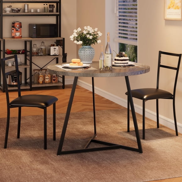 3 Pcs Round Dining Table Set for 2 Rustic Gray Kitchen Table with 2 Upholstered Chairs Metal Frame Furniture for Small Spaces Apartment and Studio