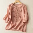 thumbnail image 2 of RKSTN Hauts pour Femmes Coton et Lin Brodés Manches Courtes Col Rond Blouses Amples Grande Taille Couleur Unie Hauts Polyvalents, 2 of 3
