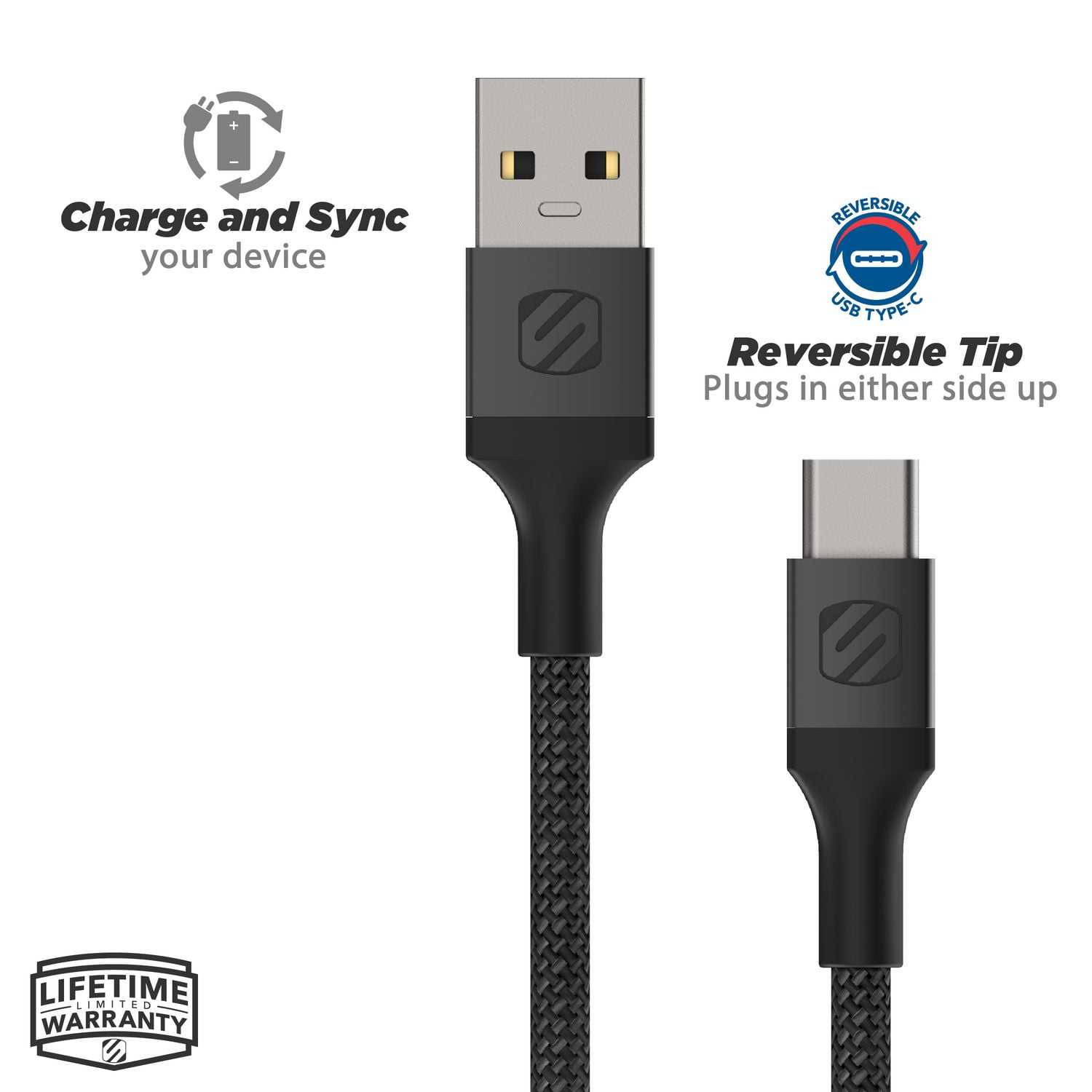 Câble tressé Scosche CAB10-SP USB-A vers USB-C Charge & Sync 10 pieds Noir
