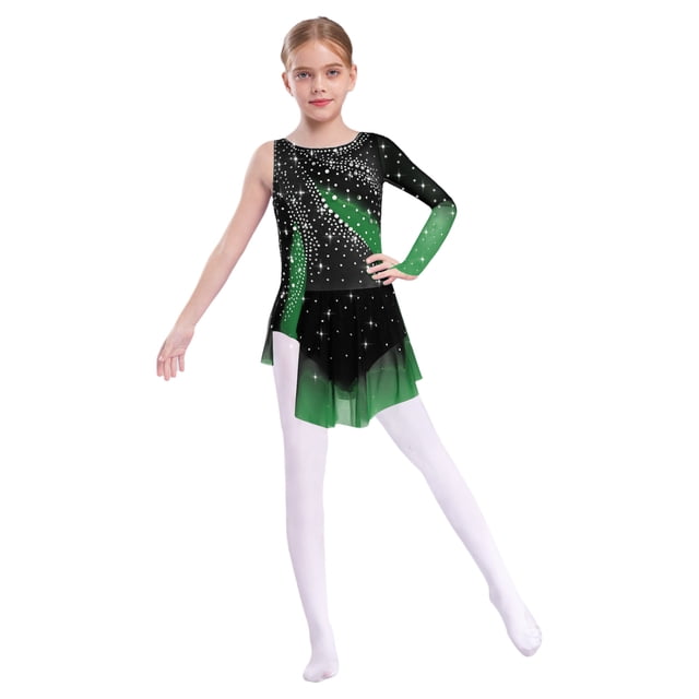 Freebily Robe de Danse Ballet Patinage Artistique à Manches Longues pour Filles avec Strass, Vert Foncé 10