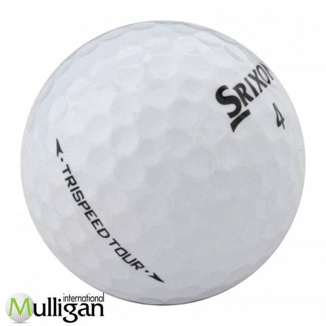Mulligan - 60 Srixon TriSpeed Tour 5A Recycled Used Golf Balls showing a close-up of a white dimpled golf ball with black Srixon logo, number 4, and TriSpeed Tour text, highlighting its excellent tee-to-green distance, soft feel, and near-green control for golf players.