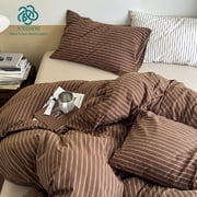 JOLUSERE Brown Striped Duvet Cover Queen Set,3-Piece Stripes Pattern Breathable Microfibre Comforter Cover