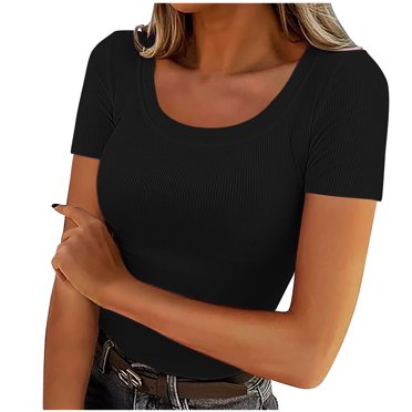 FAIWAD T-Shirt Côtelé à Col Rond pour Femme, Manches Courtes de Base, T-Shirt d'Été, Hauts Ajustés Extensibles, T-Shirt Décontracté