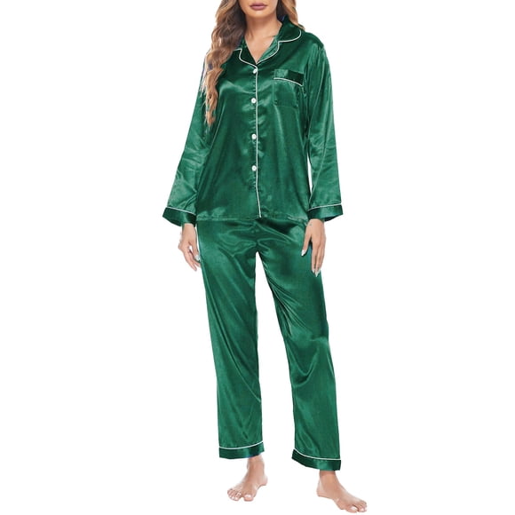 GPOECD Ensemble de Pyjama en Satin pour Femme, Chemise de Nuit à Col en V, Longue Tenue de Nuit, Tenue d'Intérieur, Lingerie, Vert, G
