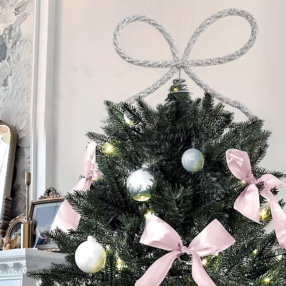 mtvxesu Metal Rhinestone Christmas Tree Topper Bow Decoration with Spring Base - Silver & Gold - 10.04X7.87 Inches - 1 Piece