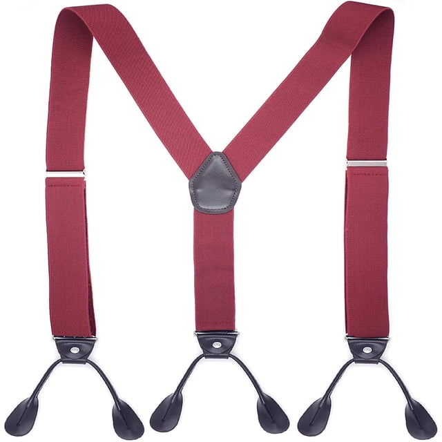 Men’s Suspenders, Y-Back 1.4 Inches Wide Adjustable Heavy Duty Button Leather End Elastic Suspender for Wedding Work,Wine Red