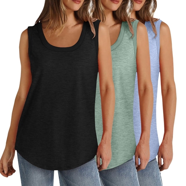 Plebaso Lot de 3 Débardeurs pour Femmes Décontractés d'Été Sans Manches Amples Col Rond T-Shirts Basiques pour Dames