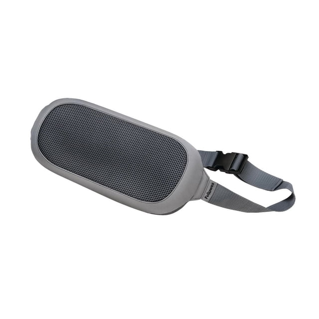 I-Spire Series™ Lumbar Cushion with breathable mesh fabric and adjustable grey strap with black buckle for secure fit, supporting lower back comfort and reducing tension during seated use, featuring Fellowes branding.