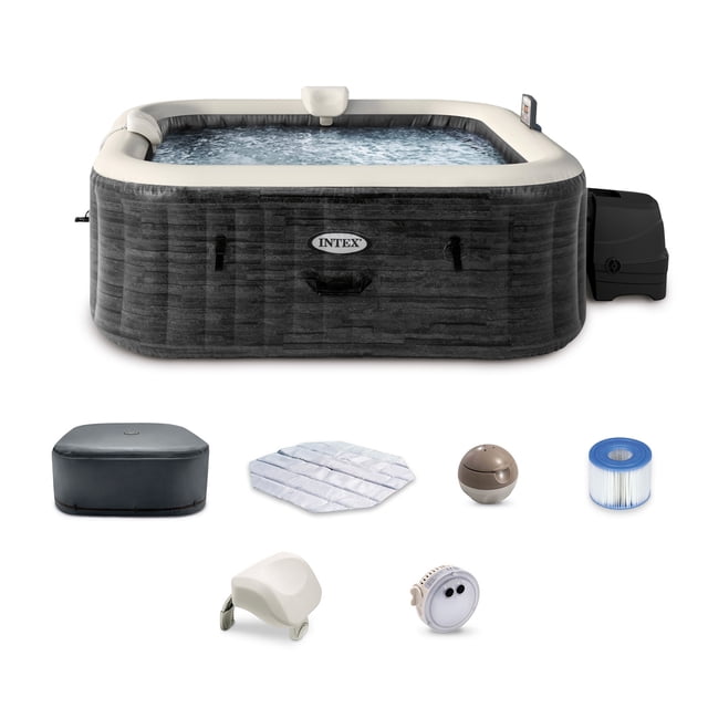Intex PureSpa Plus Greystone 4 Person Inflatable Square Hot Tub Spa, 83 x 28 inches, with a gray laminate PVC finish and square design. Equipped with 140 bubble jets, a wireless control panel, and a hard water treatment system for a relaxing spa experience. Includes accessories such as an energy-efficient insulated cover, filter cartridges, thermal ground cloth, carry bag, chlorine dispenser, and test strip.