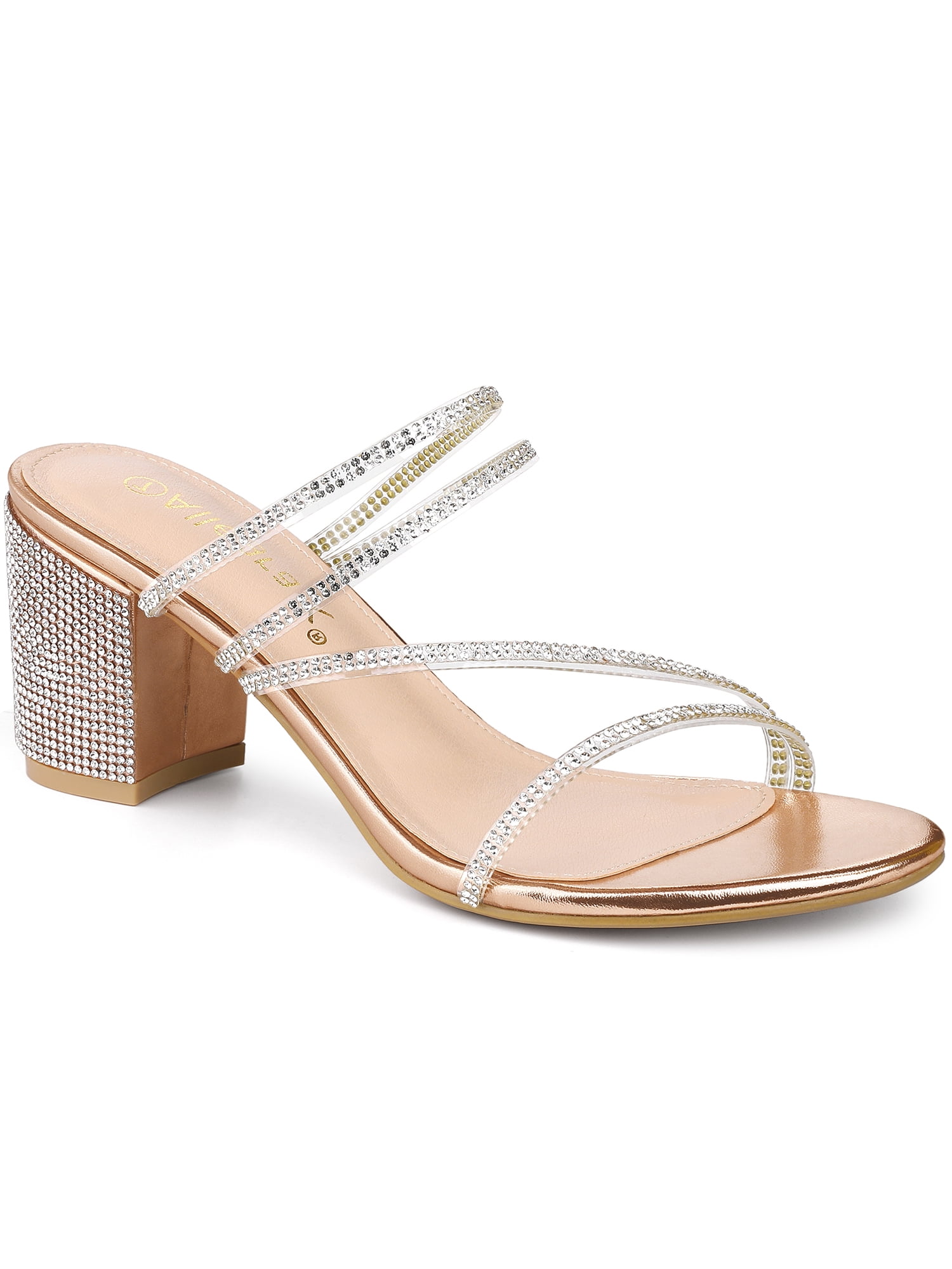 BLISSFUL STEP Women Rhines Block Heel Slide Sandals Rose Gold 6