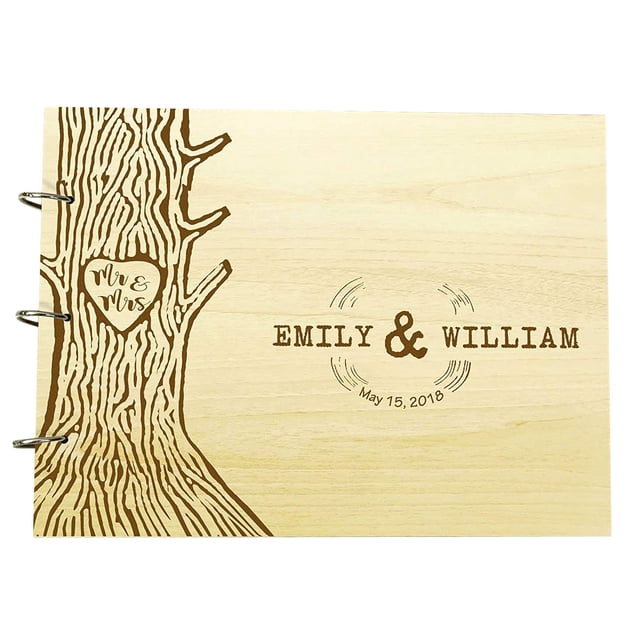Handmade Rustic Wedding Guest Book Personalized Name Engraved Bride & Groom Advice Book Tree