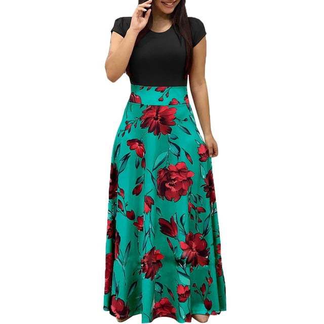 Robe de Plage à Manches Longues à Col Rond à Imprimé Floral pour Femme, Robe Longue Maxi de Soirée pour Dame. Cette Robe Présente un Haut Noir à Col Rond avec des Manches Courtes et une Jupe Maxi Verte Vibrante Ornée d'Imprimés Floraux Rouges. Fabriquée en polyester, Elle Convient aux occasions Décontractées, de Vacances, de Fête et de cocktail en Toutes Saisons. Offerte en Plusieurs Tailles et Couleurs.