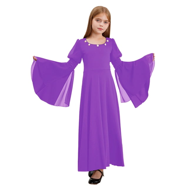 Doomiva Robe Renaissance Rétro à Manches Cloche pour Filles Enfants Costume Médiéval Halloween Cosplay Longue Robe Maxi Violet 12