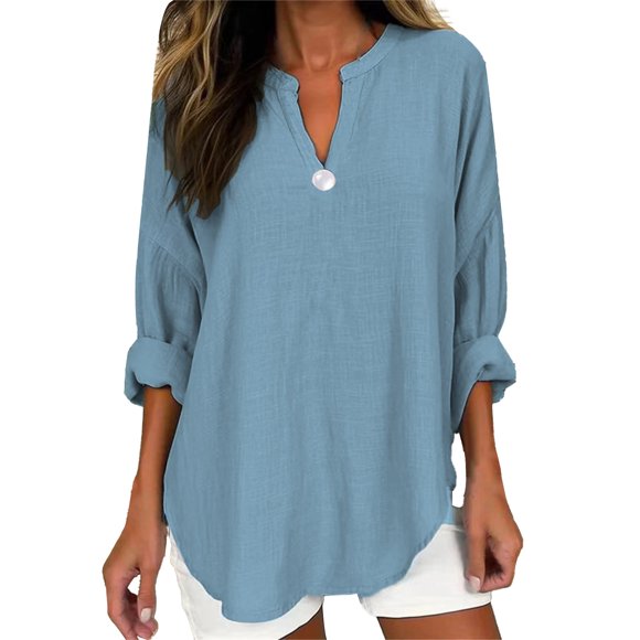 Duoif Long Sleeve Shirts for Women, Women's Long Sleeve Solid Color Button V Neck Cotton and Linen Shirt Loose T Shirt Womens Tops Blue XL