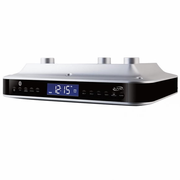 iLive Under Cabinet Bluetooth FM Radio for Kitchen, Wireless Stereo with Built-in Clock & Timer, 20 FM Presets, Negative LCD, 60-Ft Range, Under-Cabi