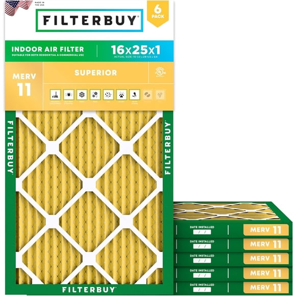 Filterbuy 16x25x1 Air Filter MERV 11 Allergen Defense, HVAC AC Furnace Air Filters Replacement (6-Pack)